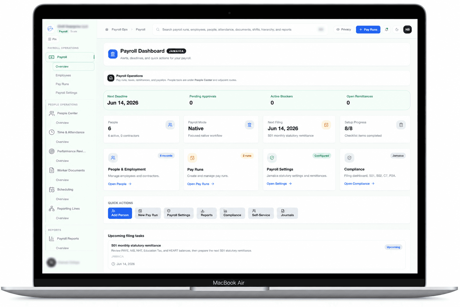 Payroll dashboard shown on a laptop with Jamaica payroll operations, pay runs, compliance, and people tools.